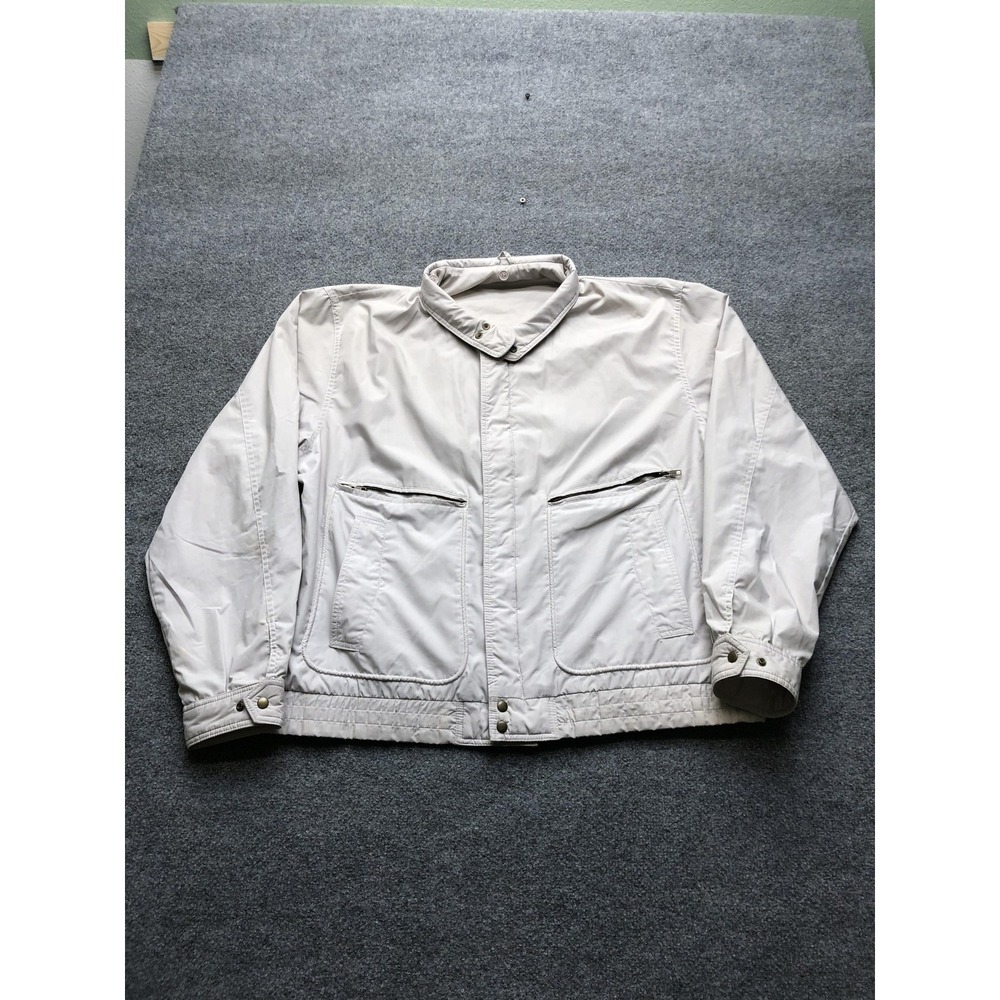 Vintage Jacket Mens XL Beige Windbreaker Zip Pockets Elastic Waist Collared